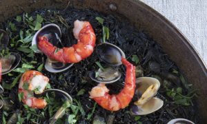 Fideuà Negra: Shrimp, Clams, Cuttlefish, and Fideo Noodles with Squid Ink