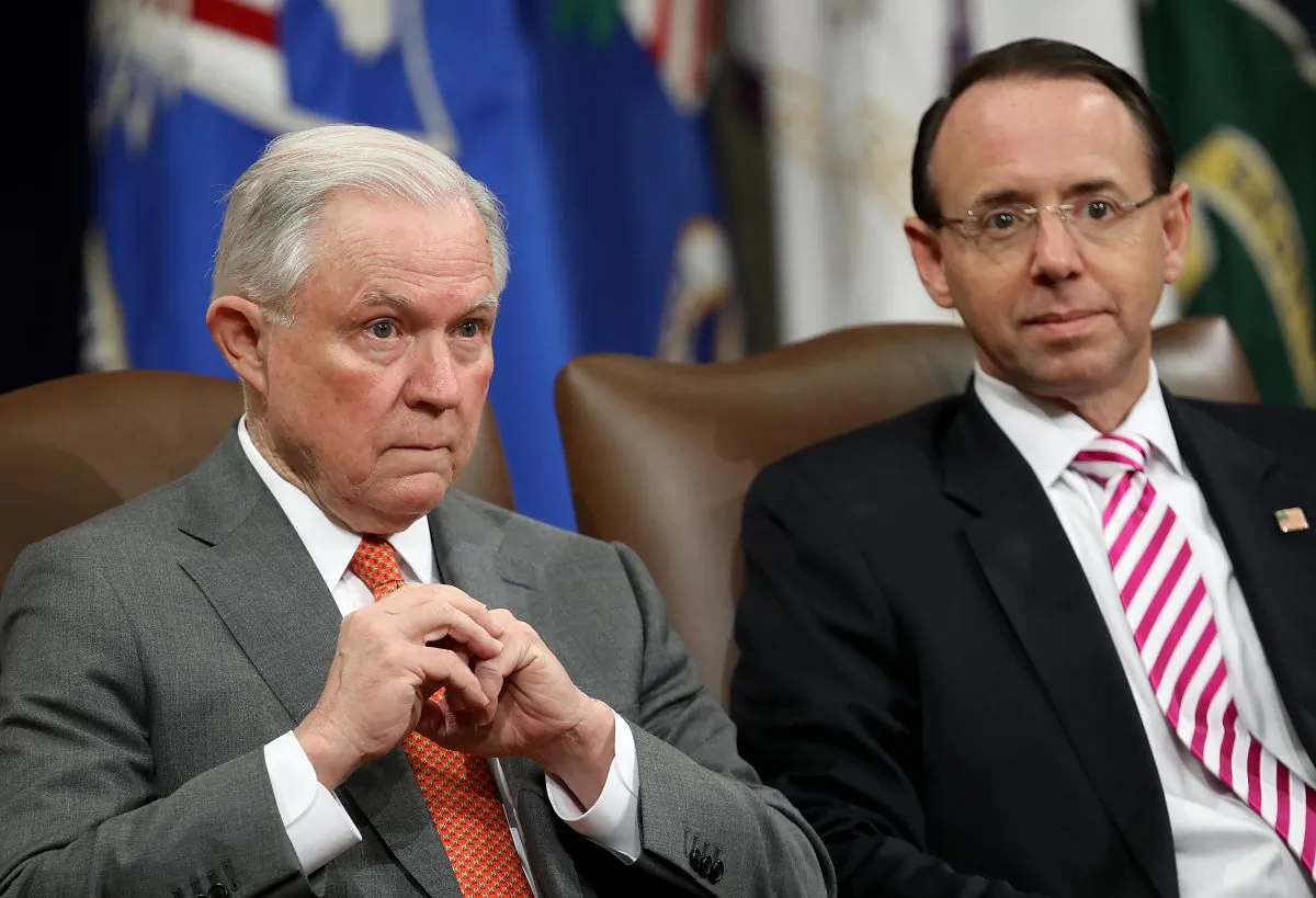 Attorney General Jeff Sessions (L) and Deputy Attorney General Rod Rosenstein (R) attend the Religious Liberty Summit at the Department of Justice July 30, 2018 in Washington, DC. (Win McNamee/Getty Images)