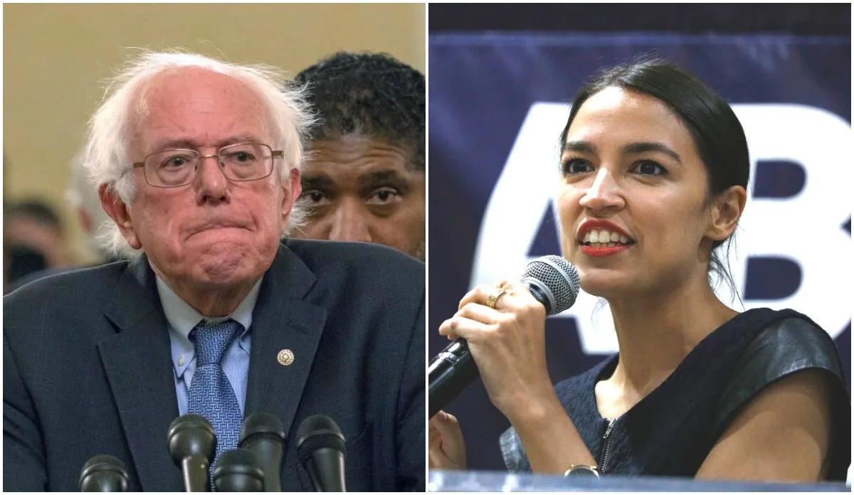 Sen. Bernie Sanders (I-Vt.) attends a press conference on July 24, 2018 in Washington, D.C.; New York Democrat candidate for Congress Alexandria Ocasio-Cortez campaigns for Michigan Democratic gubernatorial candidate Abdul El-Sayed at a rally on the campus of Wayne State University, in Detroit, Mich., on July 28, 2018. (Tasos Katopodis/Getty Images; Bill Pugliano/Getty Images)