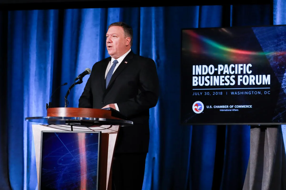Secretary of State Mike Pompeo speaks at the Indo-Pacific Business Forum at the U.S. Chamber of Commerce in Washington DC on July 30, 2018. Pompeo discussed U.S. investments in the region as part of a strategy to contain China's rising influence. (Samira Bouaou/The Epoch Times)