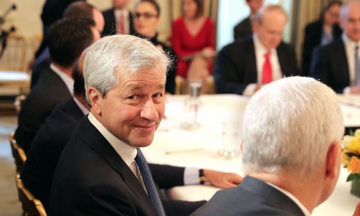 J.P. Morgan Chase CEO Jamie Dimon attends a policy forum with President Donald Trump in the State Dining Room at the White House in Washington on Feb. 3, 2017. (Chip Somodevilla/Getty Images)