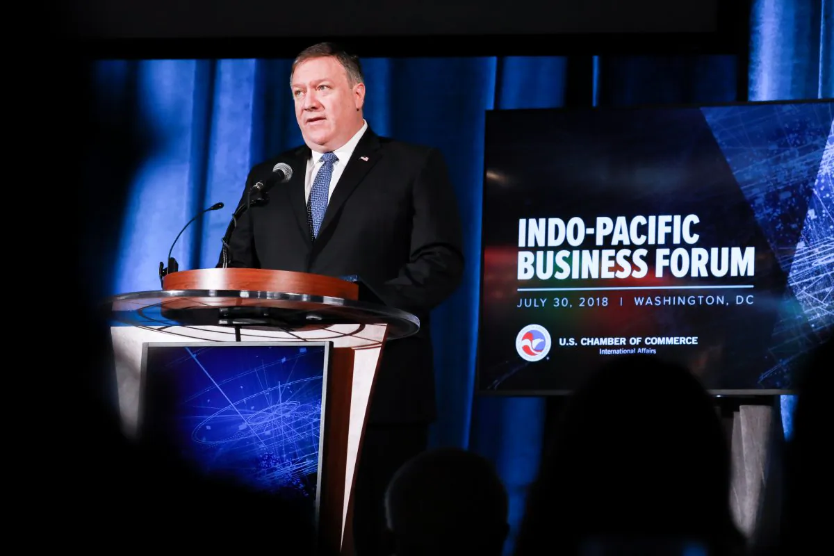 Secretary of State Mike Pompeo at the Indo-Pacific Business Forum at the U.S. Chamber of Commerce in Washington on July 30, 2018.   (Samira Bouaou/The Epoch Times)