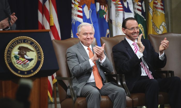 U.S. Attorney General Jeff Sessions (L) and Deputy Attorney General Rod Rosenstein (R) attend the Religious Liberty Summit at the Department of Justice on July 30, 2018. (Win McNamee/Getty Images)