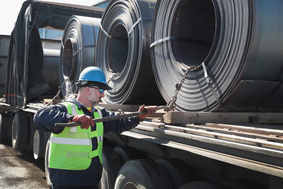 Steel is loaded onto a truck for shipping at the NLMK Indiana steel mill in Portage, Ind., on March 15, 2018. (Scott Olson/Getty Images)