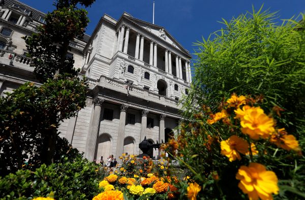 Flowers in bloom are seen opposite the Bank of England, in London, Britain Aug. 1, 2018.