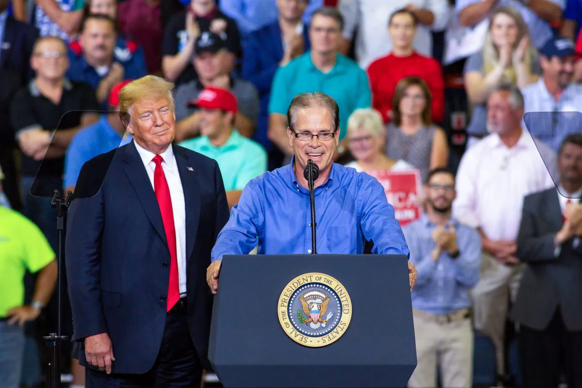 Senate hopeful Mike Braun speaks at President Donald Trump’s Make America Great Again rally in Evansville, Ind., on Aug. 30, 2018. (Hu Chen/The Epoch Times)