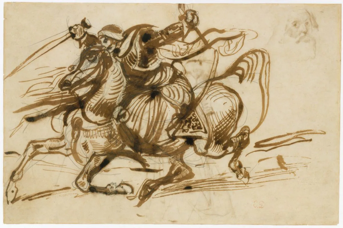"The Giaour on Horseback,"
1824–26, by Eugène Delacroix (French, 1798–
1863). Pen and iron gall ink with wash over graphite, 7 15/16 inches by 12 inches. The Metropolitan Museum of Art, a gift from the Karen B. Cohen Collection
of Eugène Delacroix, in honor of Jane Roberts, 2015. (The Metropolitan Museum of Art)