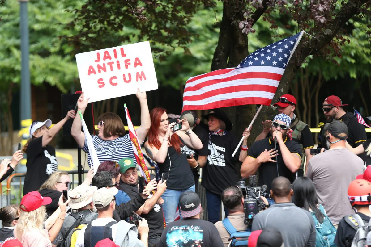 The Patriot Prayer group holds a rally and march in Portland, Ore., on June 30, 2018. (Mark Graves/The Oregonian via AP)