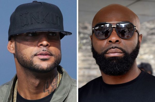 This combination of file pictures made on August 1, 2018, shows French rapper Booba (L) on May 19, 2014, in Cannes, southern France, and French rapper Kaaris (R) on March 25, 2015, in Paris. Both rappers were arrested and remanded in custody by French border police, on August 1, 2018 at the Orly airport, outside Paris, after a fight that also involved members of their entourage, which caused flight delays and the temporary closure of the hall 1 of the airport according to the police. (DOMINIQUE FAGET,LOIC VENANCE/AFP/Getty Images)