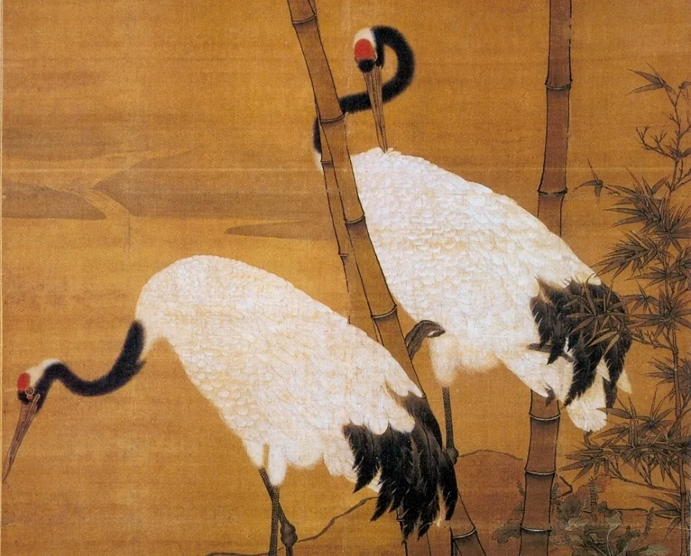 “Bamboo and Cranes,” early Ming Dynasty, by Bian Jingzhao. Two immortal cranes flew Long Heng and his wife to Heaven. (Public Domain)