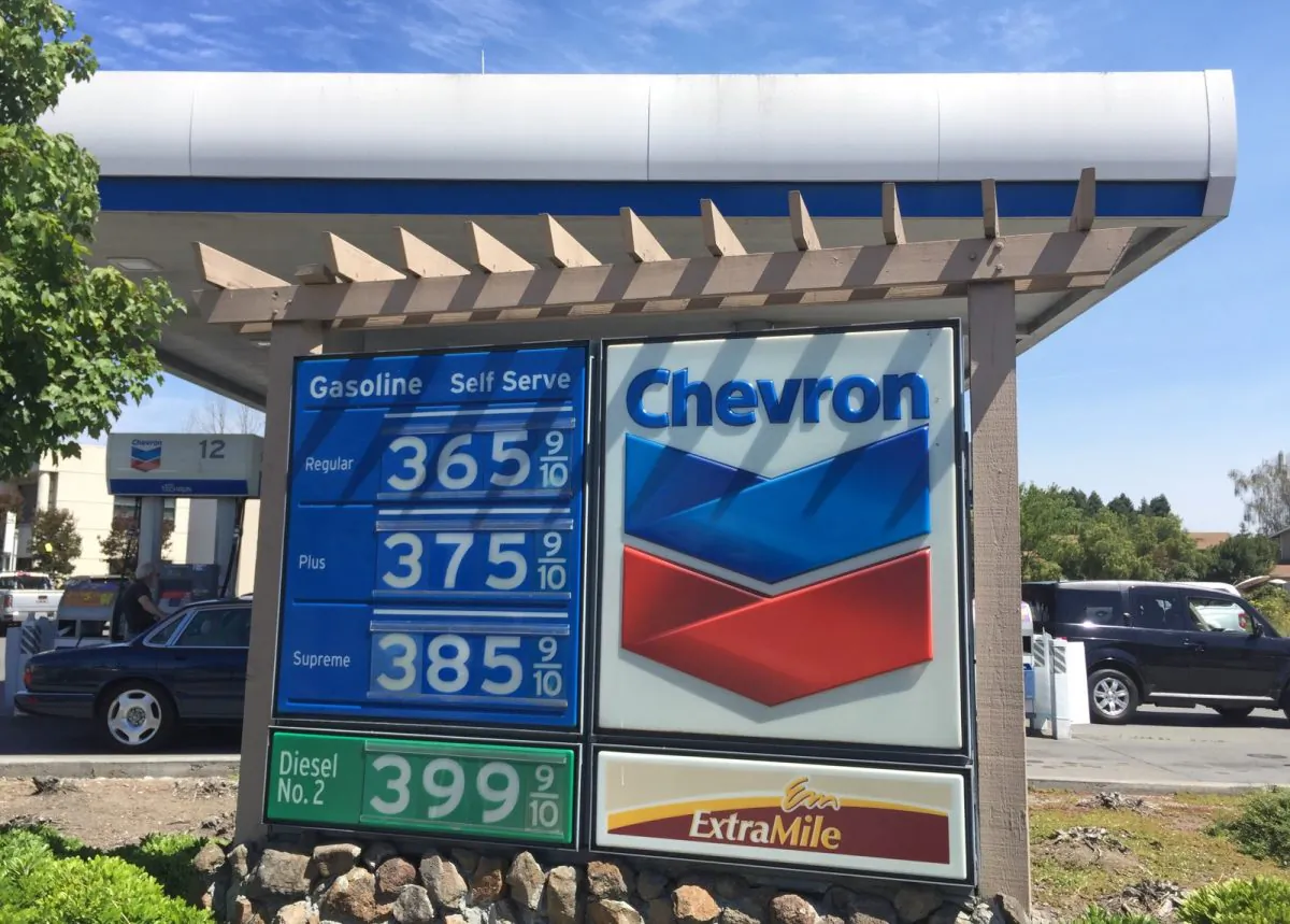 Gas prices listed at a Chevron gas station in Cotati, California on Aug. 5, 2018 (Matthew Kang/The Epoch Times)