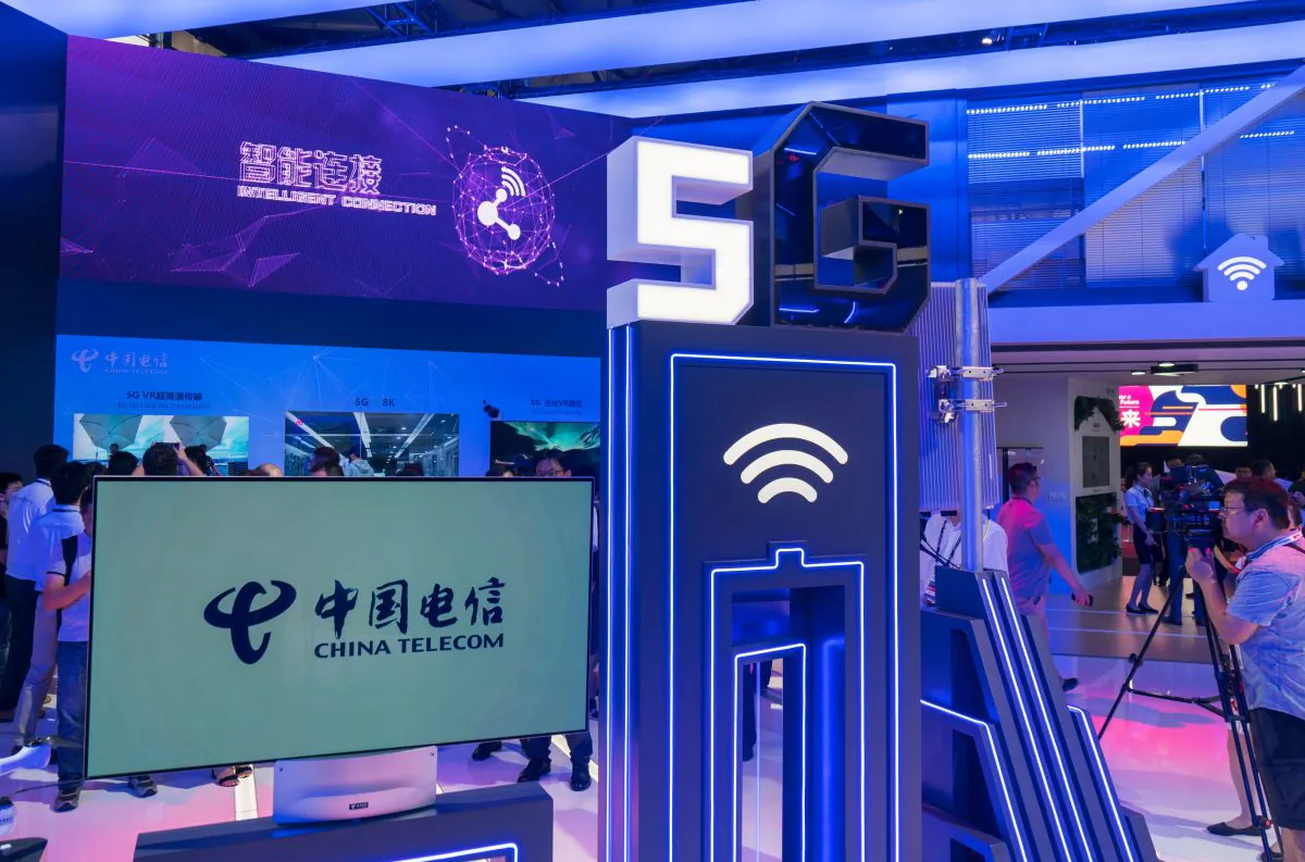 A China Telecom stand displaying 5G technology during the Mobile World Conference in Shanghai on June 27, 2018. (AFP/Getty Images)