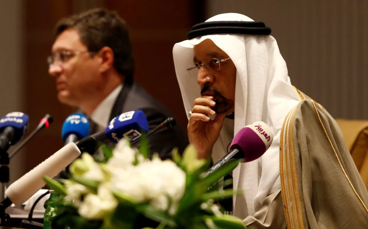 Saudi Energy Minister Khalid al-Falih and Russian Energy Minister Alexander Novak attend a news conference at the Ritz-Carlton hotel in Riyadh, Saudi Arabia Feb. 14, 2018. (Reuters/Faisal Al Nasser)