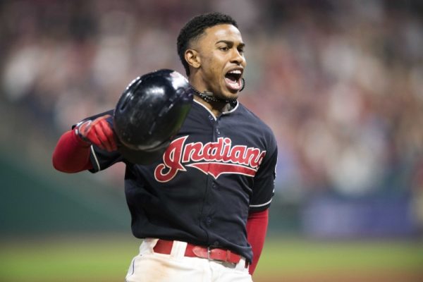 Cleveland Indians Francisco Lindor after hitting a game-winning three-run home run during the ninth inning against the Minnesota Twins.