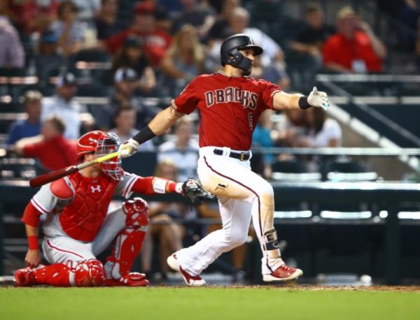 Arizona Diamondbacks outfielder David Peralta hits a single in the seventh inning against the Philadelphia Phillies.