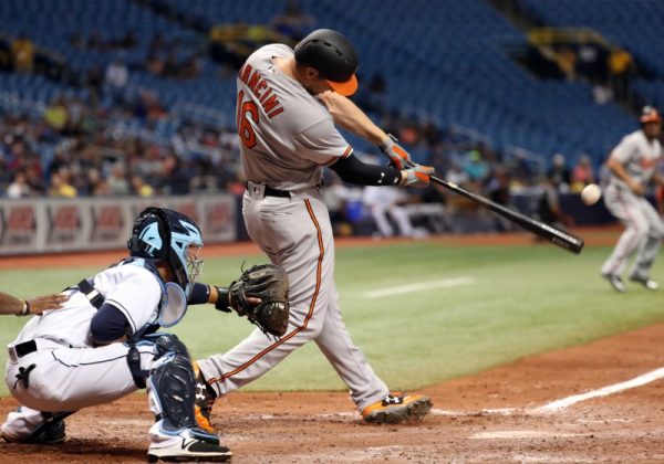 Baltimore Orioles Trey Mancini hits a 2-RBI double during the ninth inning against the Tampa Bay Rays.