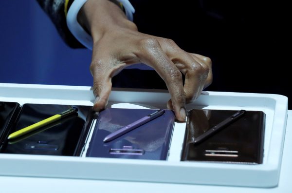 The new Samsung Galaxy Note 9 is seen displayed during a product launch event.