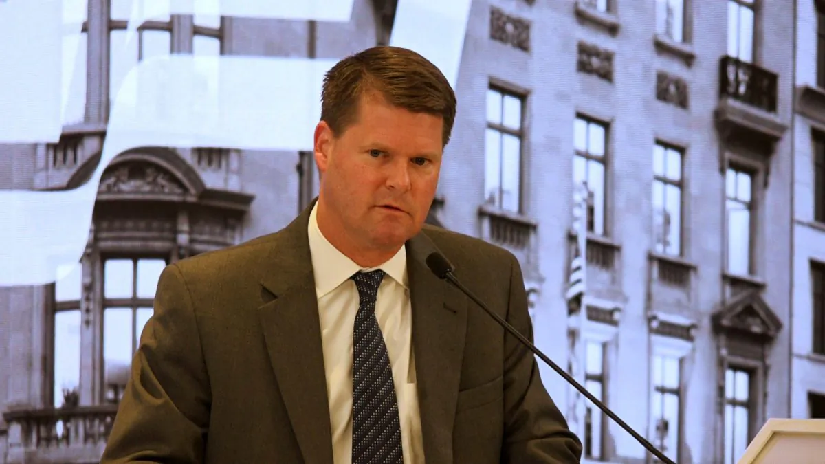 Randall Schriver, assistant secretary of defense for Asian and Pacific security affairs, giving a keynote speech at the American Enterprise Institute in Washington on Aug. 7, 2018. (Wu Wei/NTD)