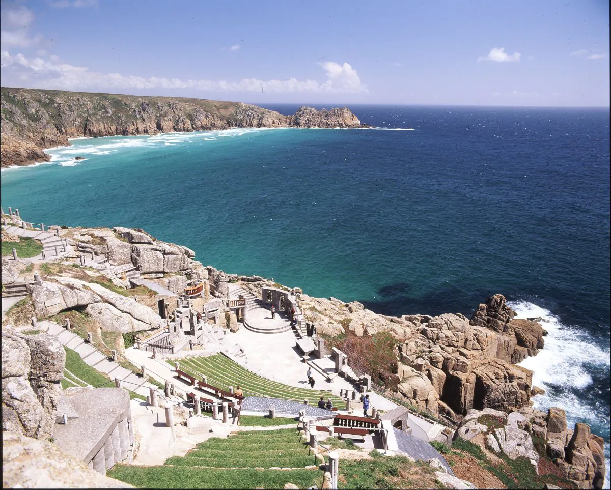 Terraced seating at The Minack Theatre looks over the stage below, and then beyond, out to the Atlantic Ocean. (The Minack Theatre) 