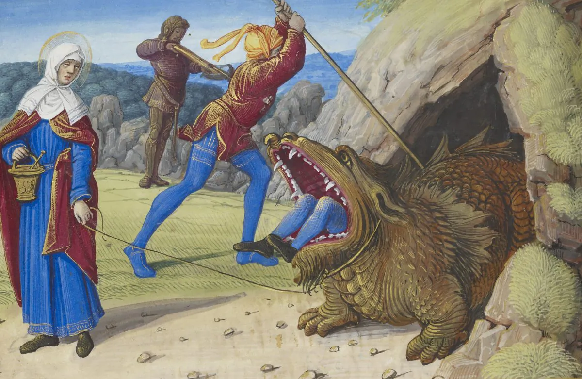 "The Taming the Tarasque," from the Hours of Henry VIII, Tours, France, circa 1500. The Morgan Library & Museum. (Graham S. Haber)