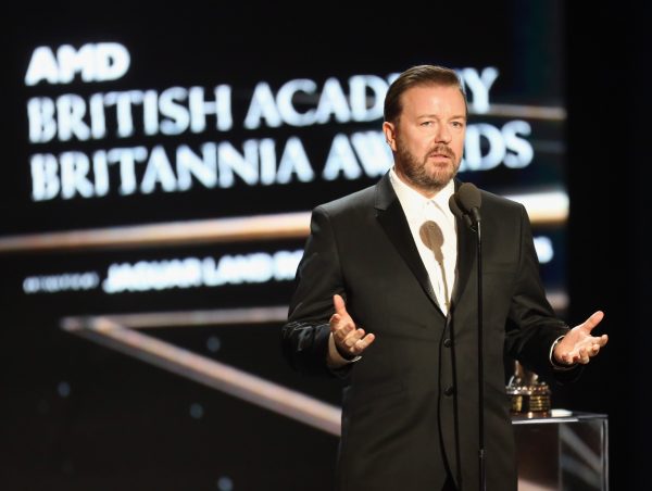 Comedian Ricky Gervais has spoken out against the conviction of Meechan. Gervais is pictured here accepting the Charlie Chaplin Britannia Award for Excellence in Comedy, during the 2016 AMD British Academy Britannia Awards, on October 28, 2016 in Beverly Hills, California. (Frederick M. Brown/Getty Images)