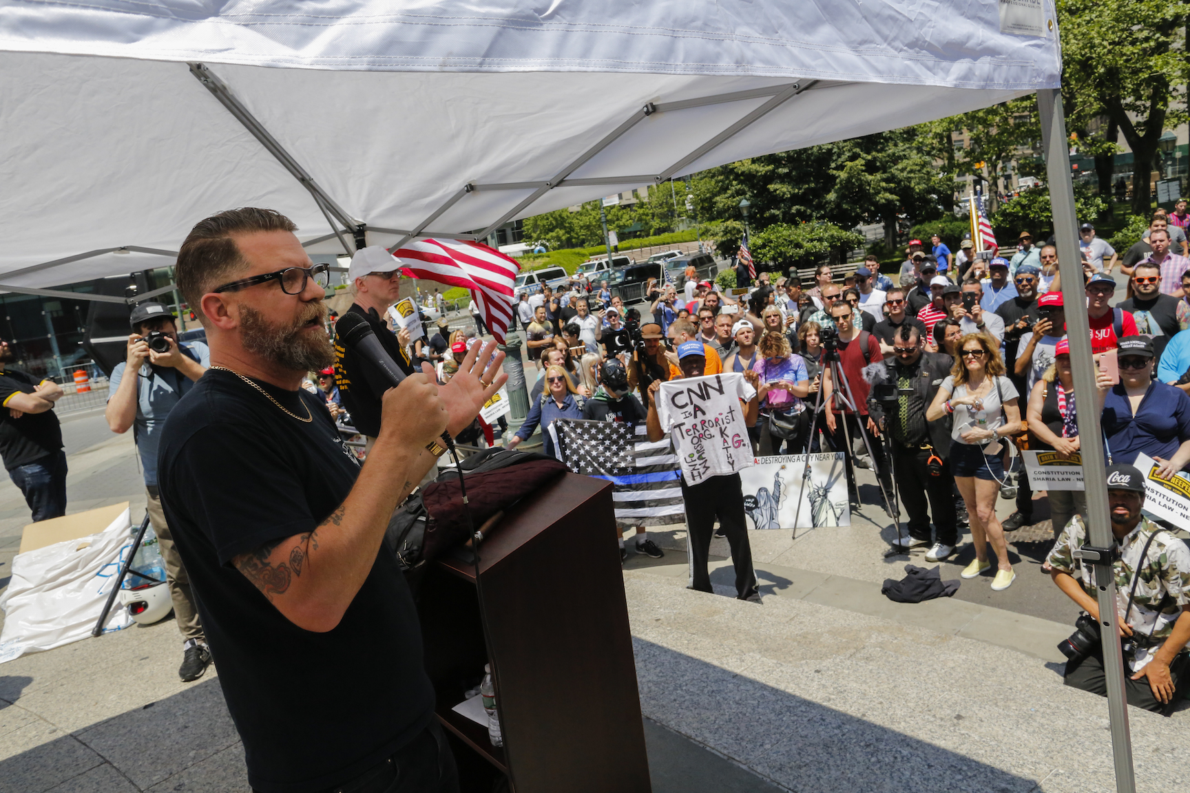 Gavin McInnes speaks at the "March Against Sharia" in New York