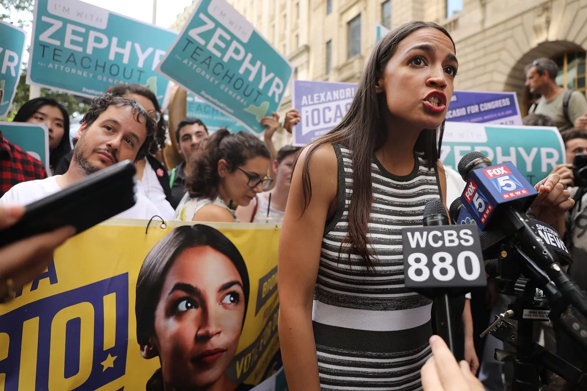 Congressional nominee Alexandria Ocasio-Cortez stands with Zephyr Teachout (not pictured) after endorsing her for New York attorney general on July 12, 2018, in New York City. (Spencer Platt/Getty Images)