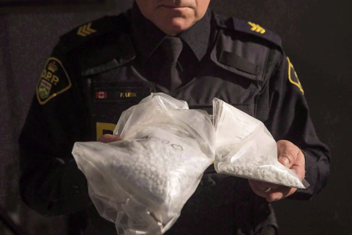 An Ontario Provincial Police officer displays bags containing fentanyl during a news conference in Vaughan, Ont., Canada, on Feb. 23, 2017. (The Canadian Press/Chris Young)