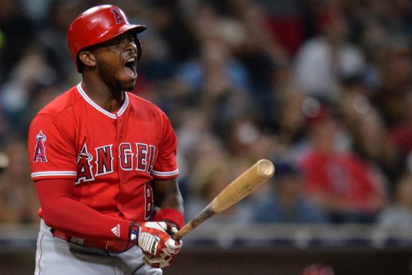 Los Angeles Angels left fielder Justin Upton reacts after popping out in the third inning against the San Diego Padres.