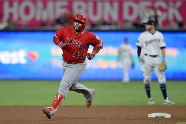 Los Angeles Angels catcher Rene Rivera rounds the bases on a solo home run against the San Diego Padres.