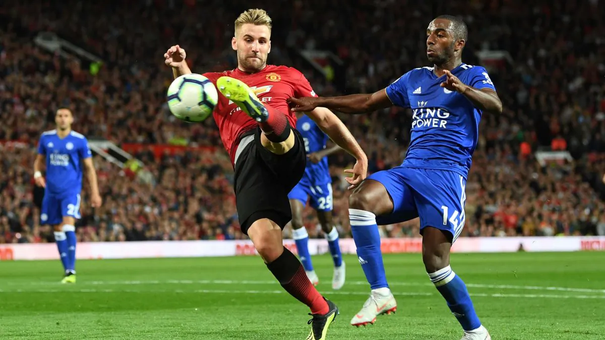 Luke Shaw of Manchester United scores his team’s second goal during the Premier League match between Manchester United and Leicester City at Old Trafford on August 10. Manchester United won 2-1. (Michael Regan/Getty Images)