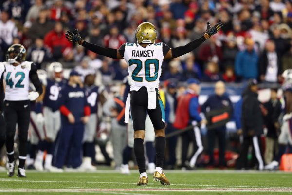 Jalen Ramsey of the Jacksonville Jaguars reacts during the second half of the AFC Championship Game against the New England Patriots on Jan. 21, 2018.