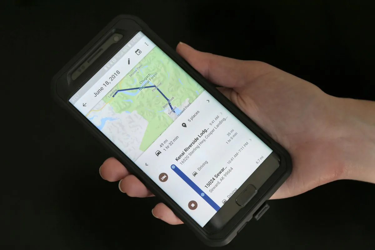 A mobile phone displays a user's travels using Google Maps in New York. (AP Photo/Seth Wenig, File)
