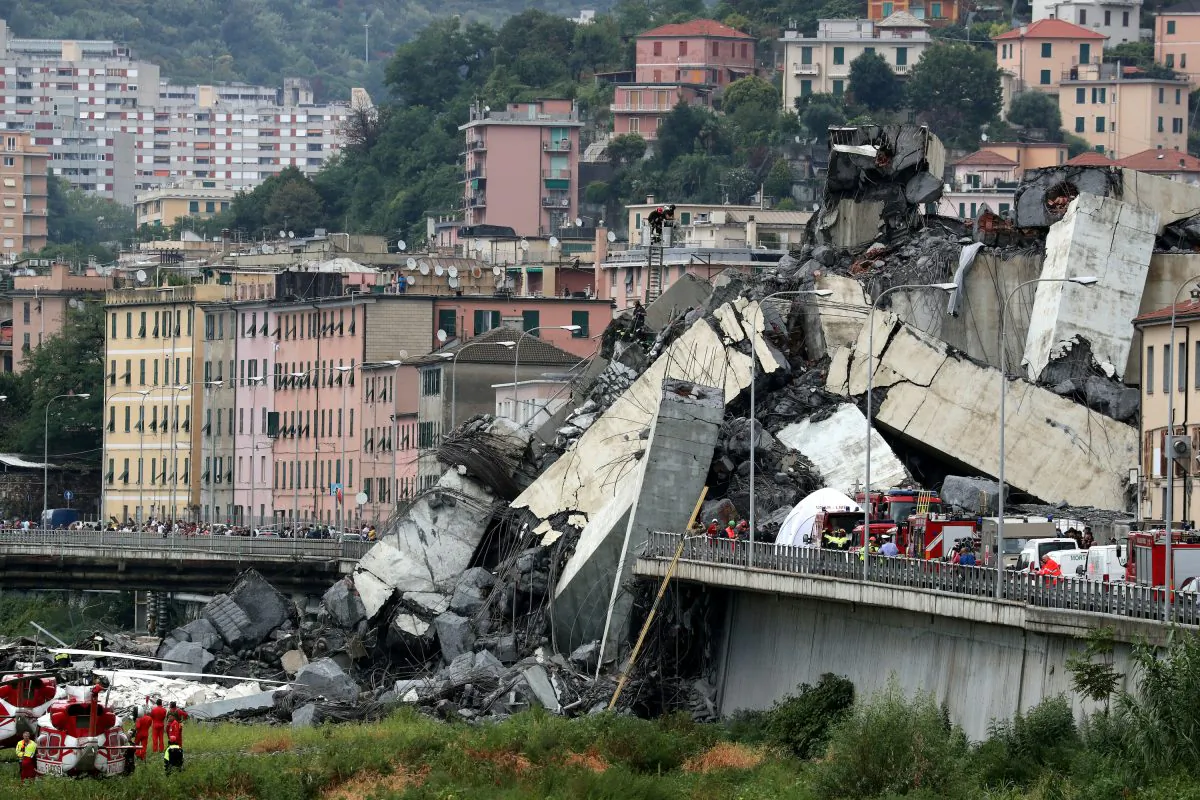 The collapsed Morandi Bridge in Genoa, Italy, on Aug 14, 2018. (Reuters/Stefano Rellandini)