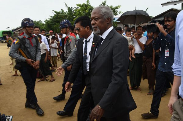 Kofi Annan visits a refugee camp for Myanmar's stateless Rohingya Muslims.