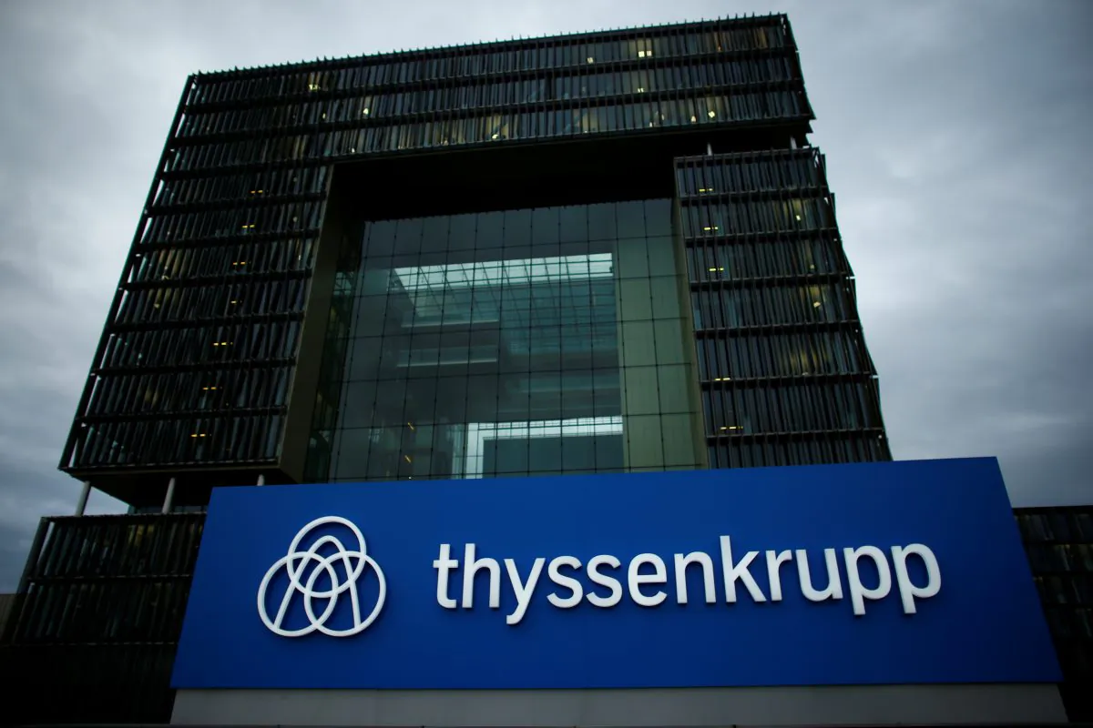 A logo of ThyssenKrupp AG is pictured outside the ThyssenKrupp headquarters in Essen, November 23, 2017. REUTERS/Thilo Schmuelgen
