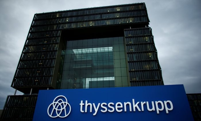 A logo of ThyssenKrupp AG is pictured outside the ThyssenKrupp headquarters in Essen, November 23, 2017. REUTERS/Thilo Schmuelgen