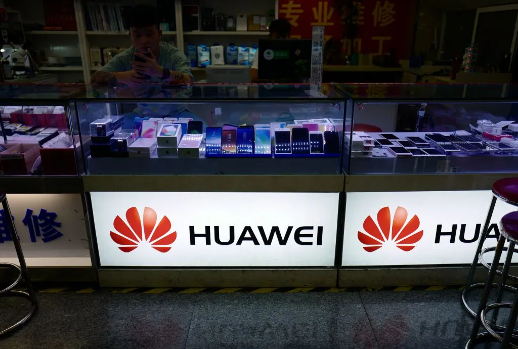 The Huawei logo is seen in a shop in Shanghai, on May 3, 2018. (Johannes Eisele/AFP/Getty Images)