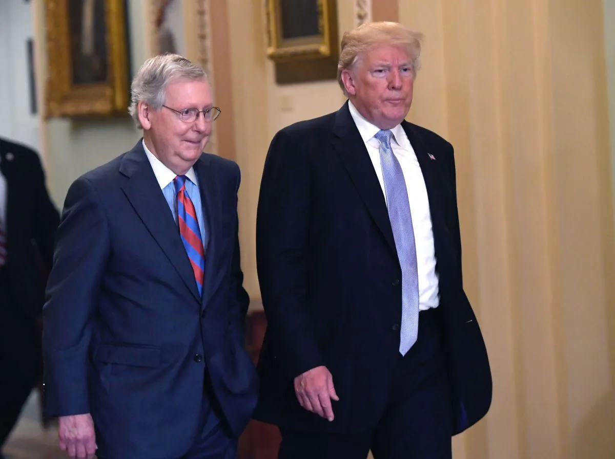 US President Donald Trump and US Senate Majority Leader Mitch McConnell make their way to a Senate Republican policy lunch at the US Capitol in Washington, DC on May 15, 2018. (SAUL LOEB/AFP/Getty Images)