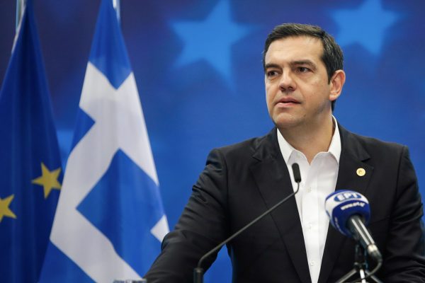 Greece's Prime Minister Alexis Tsipras gives a press conference on the sidelines of the European Union leaders' summit, to discuss Brexit and eurozone reforms on June 29, 2018 at the Europa building in Brussels. (Aris Oikonomou /AFP/Getty Images)
