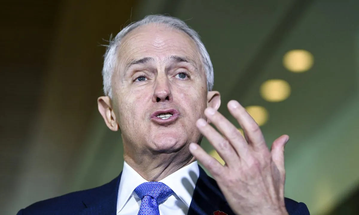Australia’s former Prime Minister Malcolm Turnbull speaks to the media during a news conference at Parliament House in Canberra, Australia, on Aug. 15, 2018. (AAP/Lukas Coch/via Reuters)