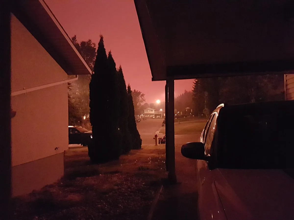 Wildfire smoke enveloping Prince George darkens the skies and makes everything appear red. (Courtesy of Tara dos Santos)