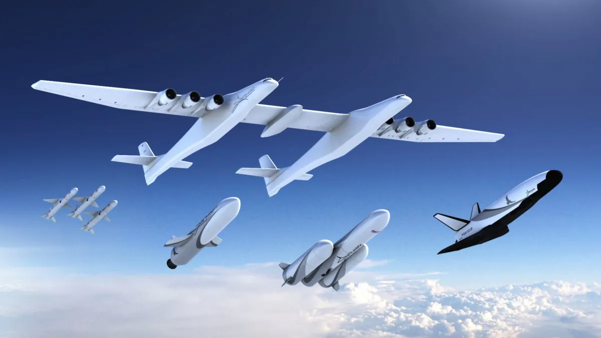 A new family of launch vehicles including air-launch system, medium-lift rockets and a reusable space cargo plane, are seen in this artist's rendering image released by Stratolaunch Systems Corp, the space company of billionaire Microsoft co-founder Paul Allen, based in Seattle, Washington, U.S., on August 20, 2018.   Courtesy Stratolaunch/Handout via REUTERS