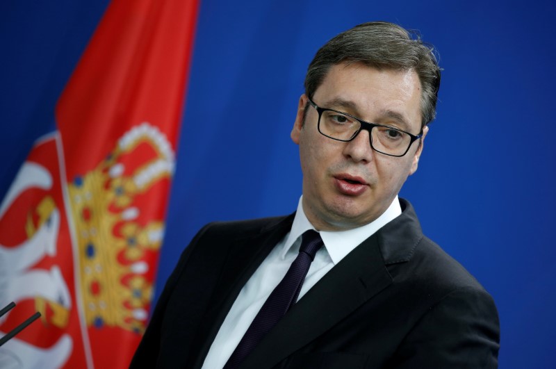 Serbia's President Aleksandar Vucic attends a news conference with German Chancellor Angela Merkel (not pictured) at the chancellery in Berlin, Germany on April 13, 2018.