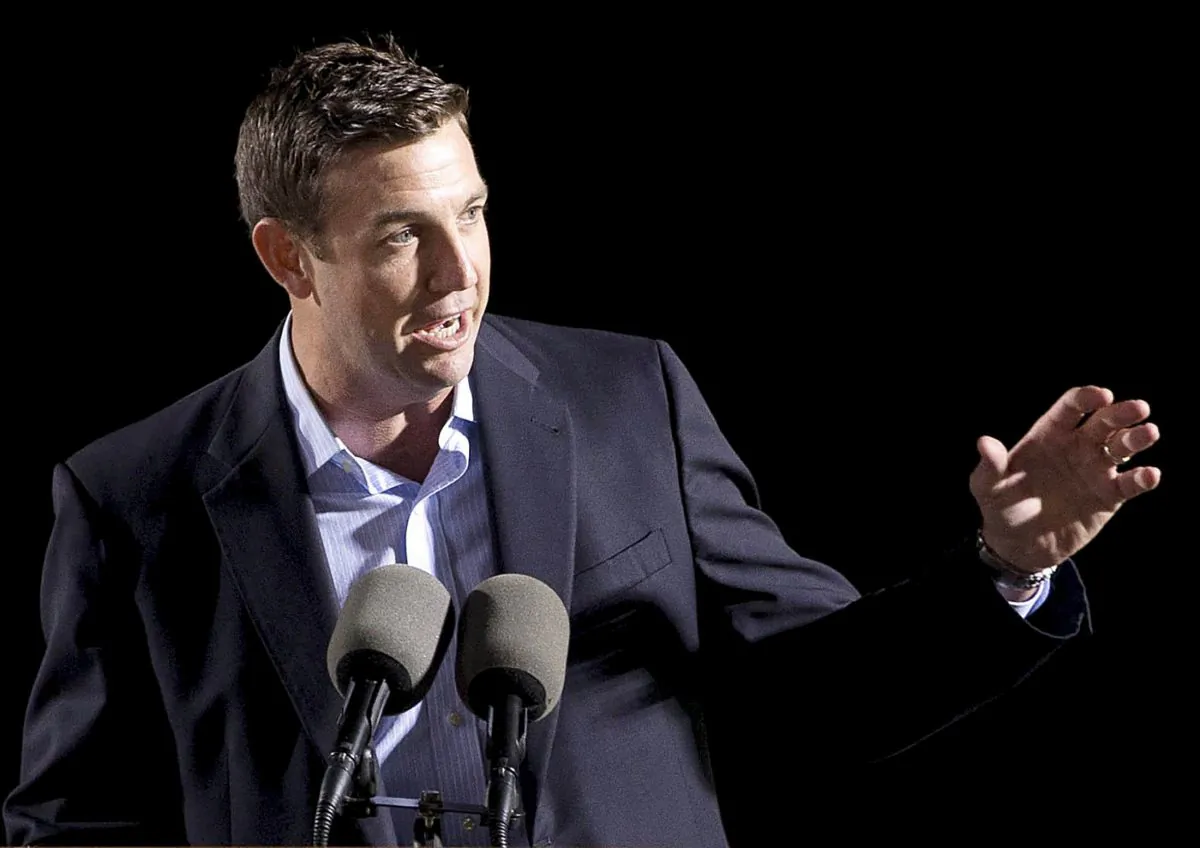 Congressman Duncan D. Hunter (R-CA) speaks at the launch of the Isla Bella, the first container ship to be powered by liquid natural gas, during a nighttime ceremony at General Dynamics NASSCO shipyard in San Diego, California April 18, 2015.    (Earnie Grafton/Reuters)
