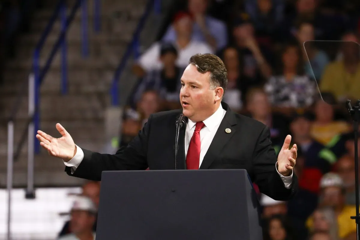 Rep. Alex Mooney (R-W.Va.) speaks at a Make America Great Again rally in Charleston, W. Va., on Aug. 21, 2018. (Charlotte Cuthbertson/The Epoch Times)