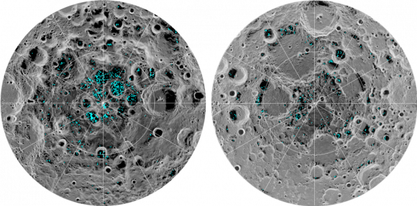 Blue represents the ice locations, plotted over an image of the lunar surface, where the gray scale corresponds to surface temperature (darker representing colder areas and lighter shades indicating warmer zones). The ice is concentrated at the darkest and coldest locations, in the shadows of craters. This is the first time scientists have directly observed definitive evidence of water ice on the Moon’s surface.