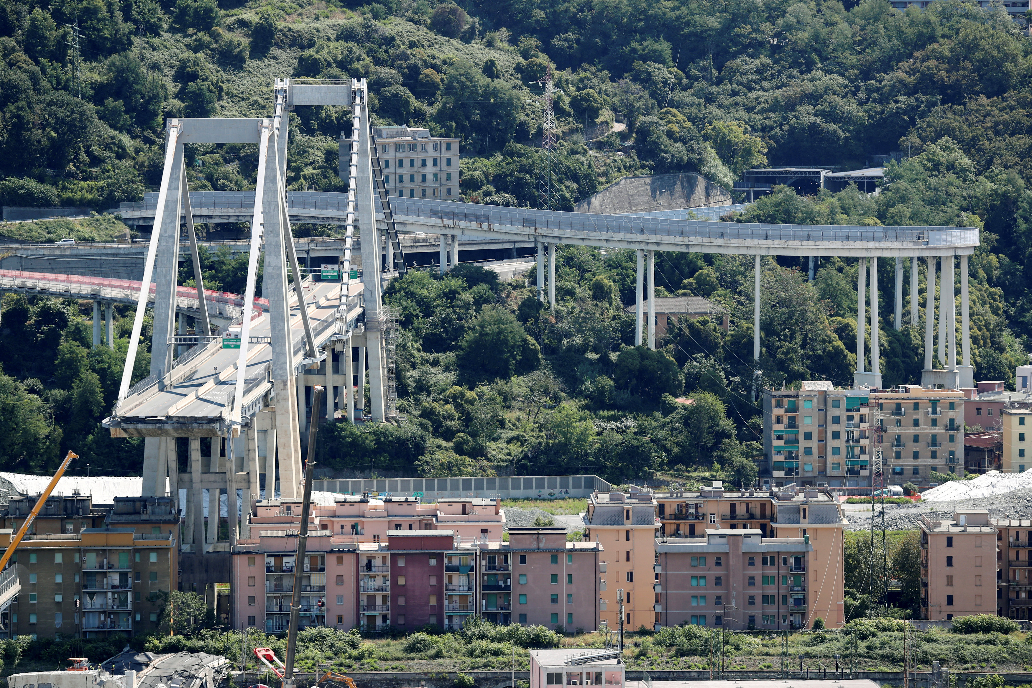 The collapsed Morandi Bridge is seen in Genoa.