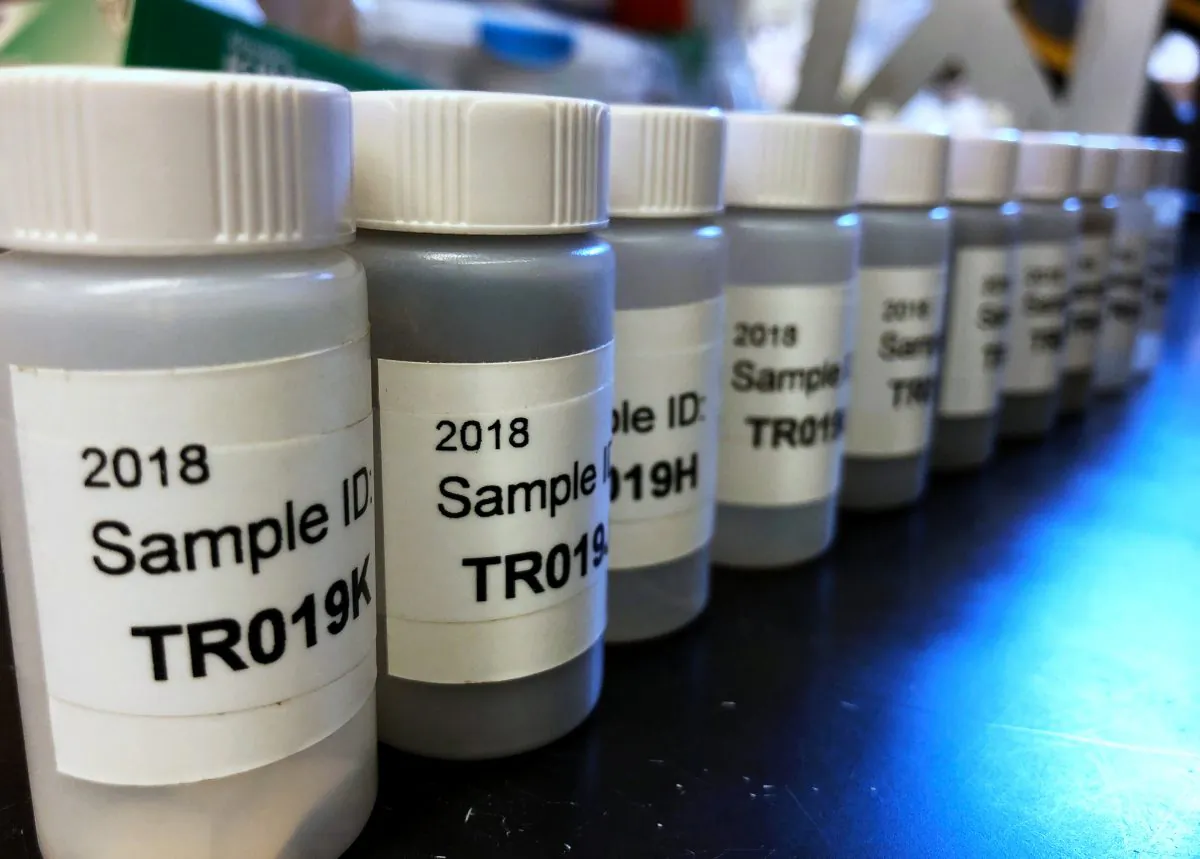 Lead samples line up ready for testing at the Lamont-Doherty Earth Observatory in Palisades, New York, U.S. March 29, 2018.     Picture taken March 29, 2018.      REUTERS/Mike Wood/File Photo