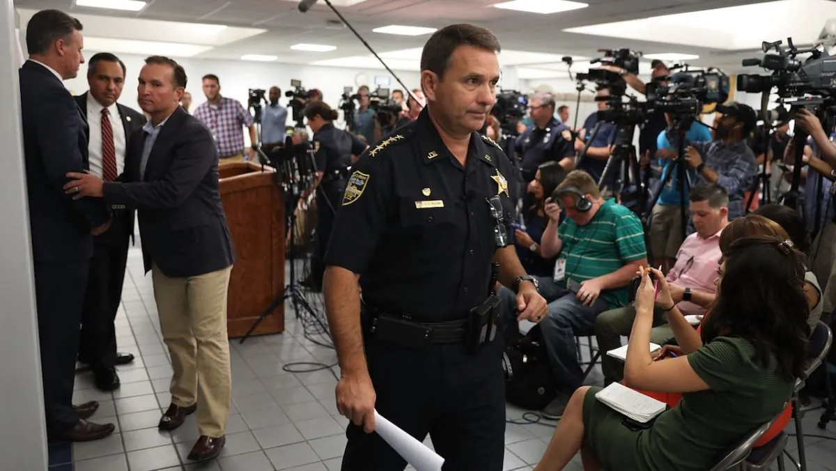 Jacksonville Sheriff Mike Williams exits after speaking to the media about the shooting at GLHF Game Bar where three people, including the gunman, were killed on Aug. 26, 2018, in Jacksonville, Fla. (Joe Raedle/Getty Images)